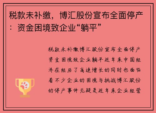 税款未补缴，博汇股份宣布全面停产：资金困境致企业“躺平”