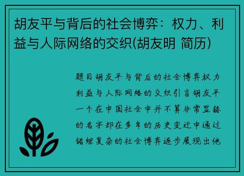 胡友平与背后的社会博弈：权力、利益与人际网络的交织(胡友明 简历)