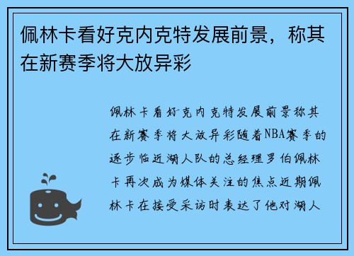 佩林卡看好克内克特发展前景，称其在新赛季将大放异彩