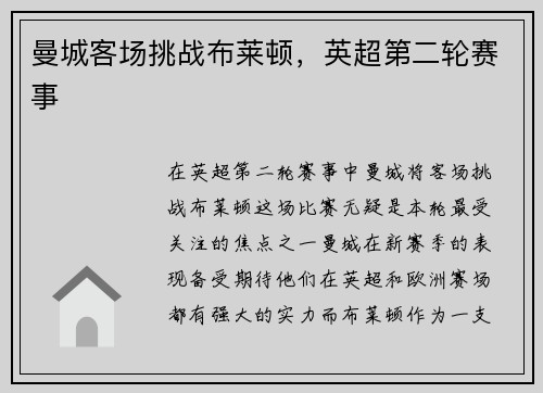 曼城客场挑战布莱顿，英超第二轮赛事